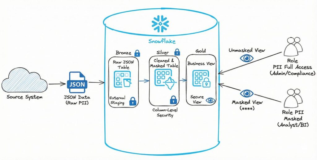 Snowflake secure views controlling sensitive data access for shared datasets