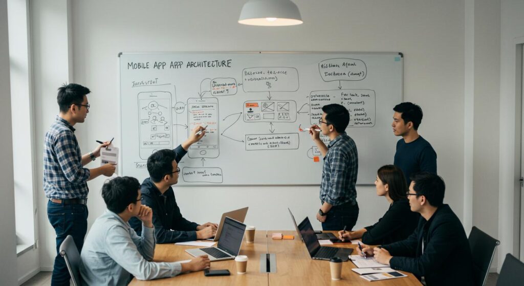Software architects comparing web and cross platform mobile application architecture