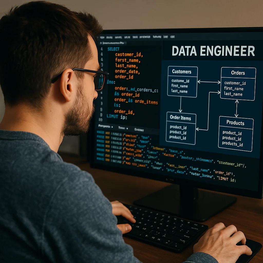 Software developer inspecting database schemas and data structures