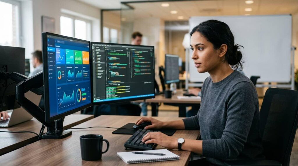 Software developer validating automated document output and checking business workflow rules