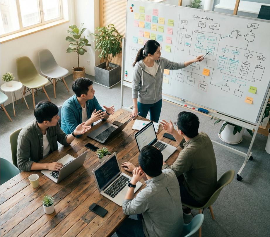 Software development team reviewing application architecture technology stack and long term maintenance