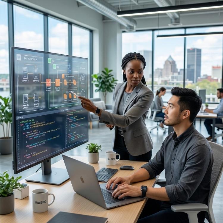 Software engineer reviewing cloud data architecture and database systems