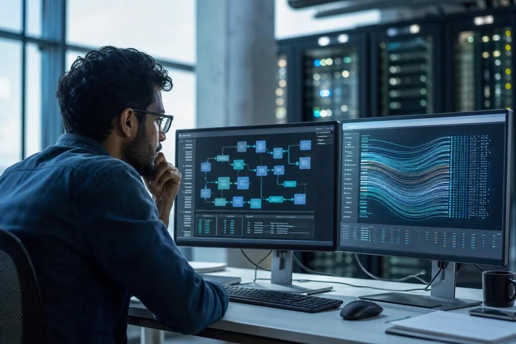 Software engineer reviewing data transformation logic and analytics models