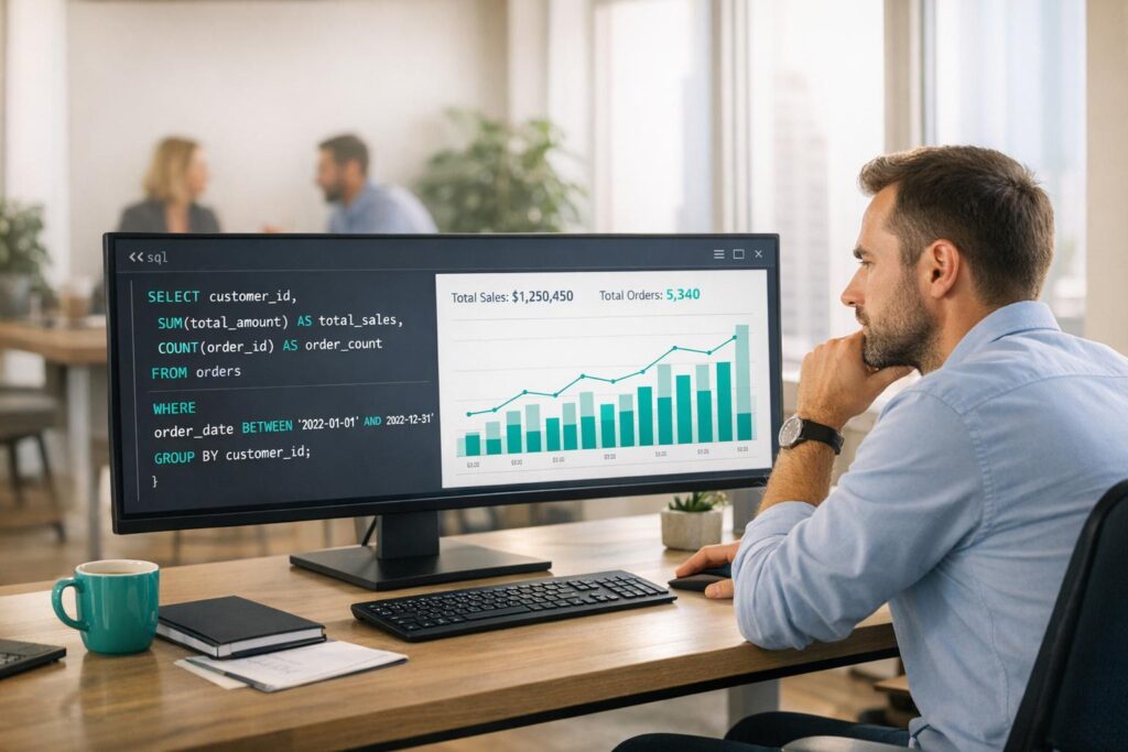 Software engineer testing sql queries for analytics accuracy and regression validation