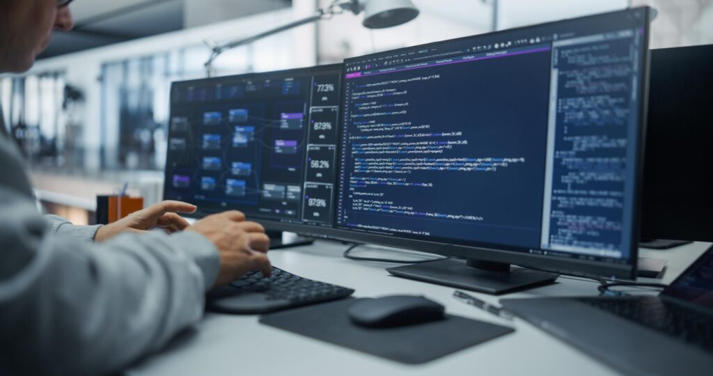 Software engineer validating sql queries and regression tests for enterprise analytics