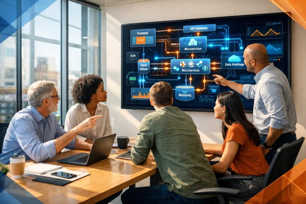 Software engineering team monitoring offline field service synchronization and backend architecture