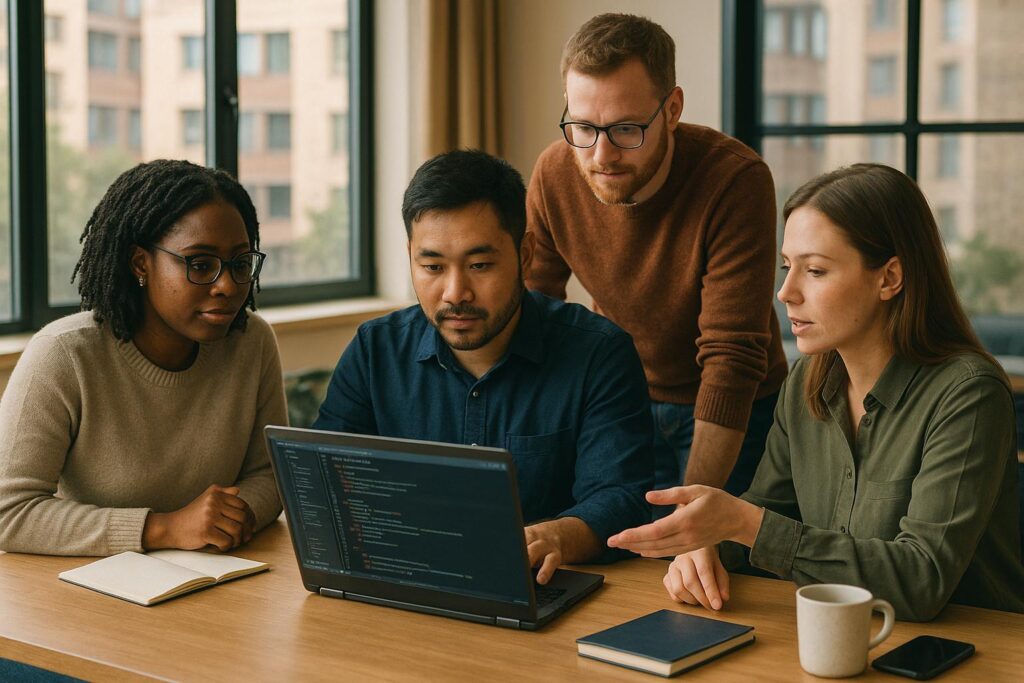 Software engineering team reviewing automated integration test results before deployment