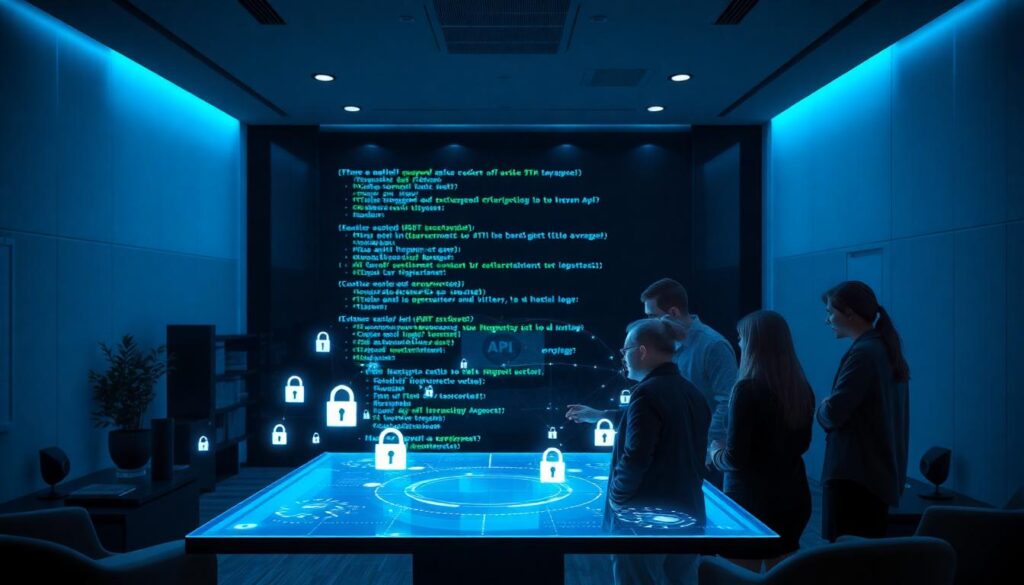Software engineering team reviewing data ownership authentication security and integration reliability