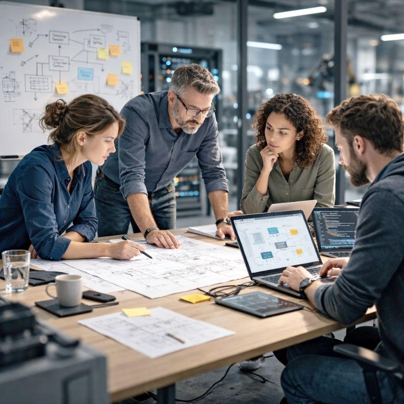 Software engineering team reviewing maintenance workload and project costs