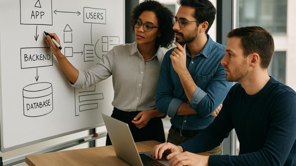 Software team designing application roles workflows permissions and data model