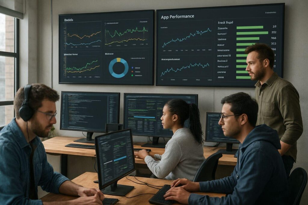 Software team monitoring mobile app production performance security and failures