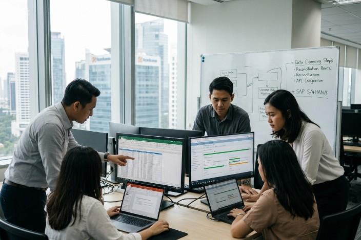 Software team testing legacy application migration data and integrations