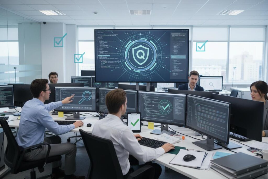 Software team testing security permissions and quality of a custom web application