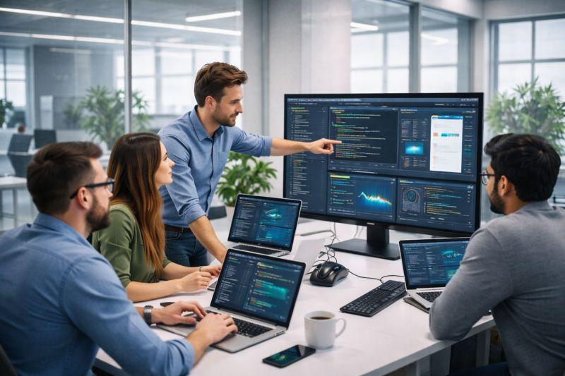 Technology team designing dashboard actions integrated with external business systems and apis