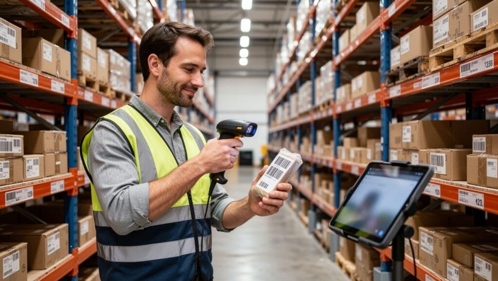 Warehouse employee scanning a package barcode using a mobile business application